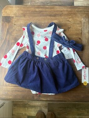 Cat & Jack Navy Suspender Skirt and Apple Print Bodysuit Set
